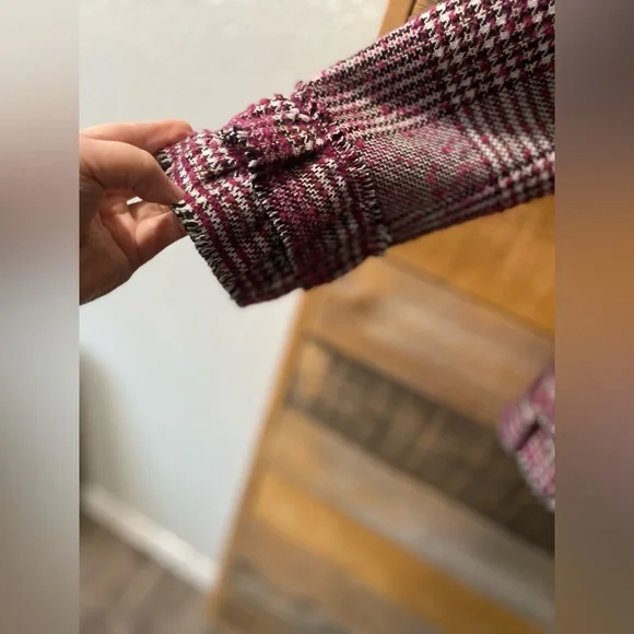 Plaid Ruffle Trim Blazer Jacket Pink Black and White Plaid Size M (Pleione) - Picture 8 of 16